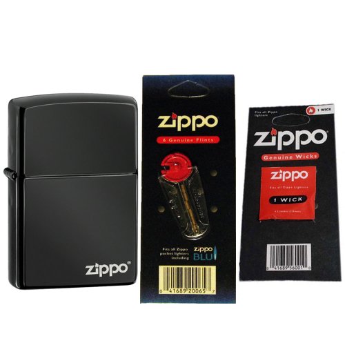 Zippo 24756ZL Classic Ebony Laser Engraved Logo Windproof Lighter with One Flint Card and One Wick Card