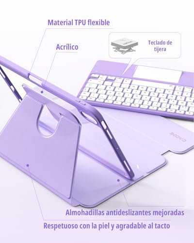 CACOE 360° Rotating Keyboard Case for iPad Air 8/7 Generation 2026/2025 M4/M3 11 Inch Air 6/5/4 with Touch Panel, 7 Color Backlight, Removable Wireless Keyboard, Purple