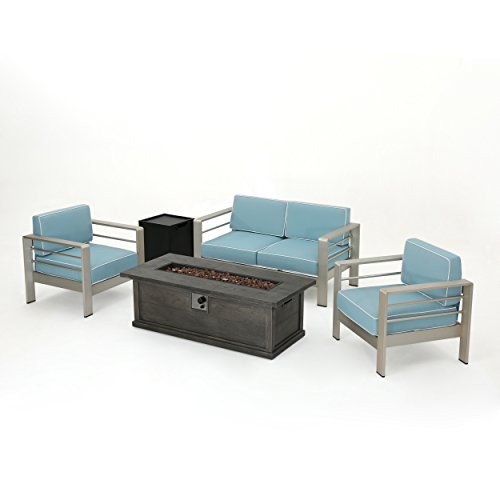 Crested Bay 5 Piece Silver Aluminum Framed Chat Set with Light Teal and White Corded Water Resis ...