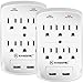 Wall-Mount Power Outlet, Kasonic 6 AC Socket Surge Protector with 2.4 Amp Dual USB Charging Station; Grounding and Protection Indicator for Home, Office, UL Certified (2 Pack)
