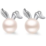 Sterling Silver Bunny Rabbit Stud Earrings,Mini Cute Bunny Rabbit Earrings,Women Fashion Rabbit Ears Earring,Little Bunny Earrings,Freshwater 8mm Pearl Stud Earrings White Pearl Bunny Rabbit Earrings