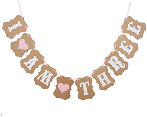 I Am Three Kraft Paper Banner 3 Years Birthday Boy Girl 3rd Party Decorations Third Bunting Garland Pink Blue (Pink)