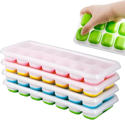 Kit 4 Formas de Gelo com Tampa Rígida Fundo Silicone Flexível 14 Cubos | Ideal para Bebidas, Ideal para Frutas, Ideal para Papinha, Ideal para Alimentos