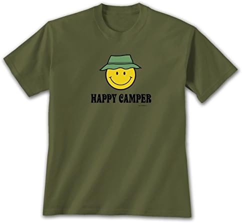 Happy Camper - Large Youth Kids T -Shirt, Camping, Novelty Gift Apparel Military Green