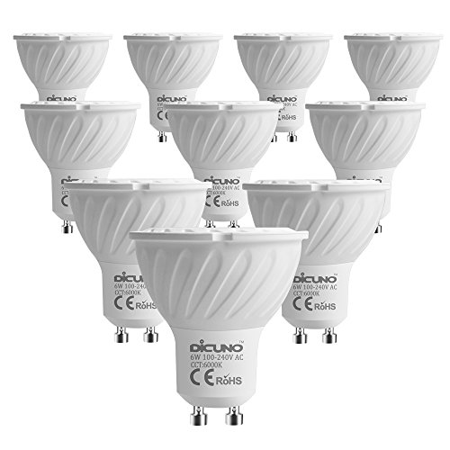 DiCUNO GU10 LED Light Bulb, 60W Halogen Bulbs Equivalent, 6W 600LM, 6000K Daylight White,100V-240V Non-dimmable GU10 Mr16 LED Bulbs, 10-Pack.