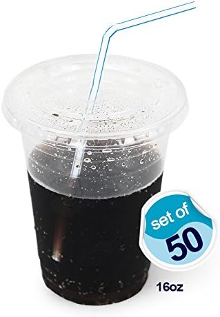 Plastic Crystal Clear Cups with Flat Lids - 50 Sets/16oz, Disposable Cups for Iced Coffee, Juice, Shakes, Beer, etc.