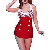 Ekouaer Bathing Suits for Women One Piece Swimsuits Vintage Swimdress Retro Pinup Bikini Black Pink Medium