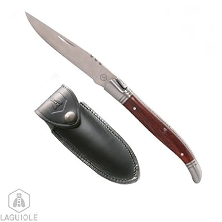 LAGUIOLE Kleines Taschenmesser mit Schwarz lederetui, Rosenholzgriff. Länge aufgeklappt: offene 16 cm