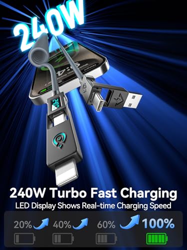 Haiteron 240W Coiled USB C Cable for Car,4 in 1 Charging Cable Fast Charging USB C to USB C Cable with LED Display Combo USB A/C to C/L for iPhone 16/15, iPad, MacBook,Tablets,6FT