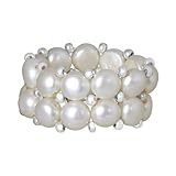 Beautiful Silver Plated Beads White Cultured Freshwater Pearl Stretch Ring