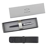 Personalized / Engraved - Parker Jotter Stainless Steel & Black Ballpoint Pen with Leather Case and Gift Box - Custom Engraving with your Name (Black & Silver)