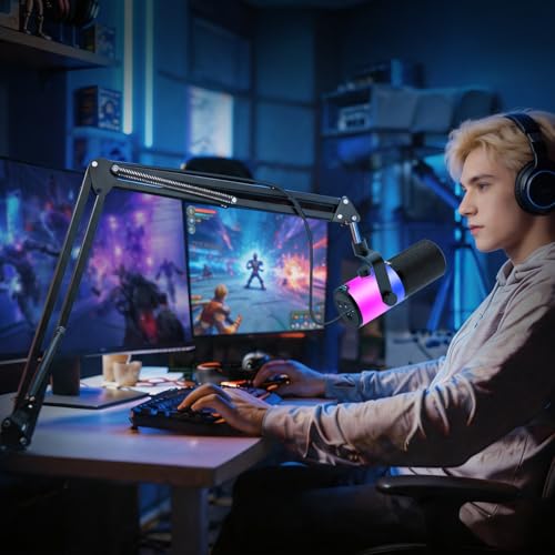 Aveek Dynamic USB/XLR Microphone with Arm for Gaming & Streaming | RGB Lighting, Noise Cancellation, One Touch Silence, Monitor Mix and Headphone Jack for PC & PS5