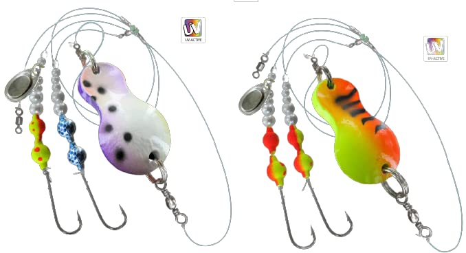 blntackle76 Jenzi Flatfish Spoons Assembled 80 g Purple / White / Dots and 100 g Green / Red / White + Petri Heil! Sticker Set of 2 Fishing Sea