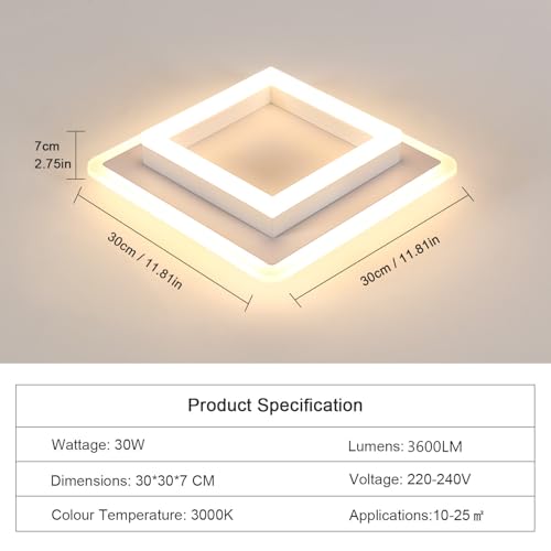 DELIPOP Ceiling light LED Moderna 30W 3600LM, 3000K Ceiling light White | Square Ceiling Chandelier for Bedroom Living Room Hallway