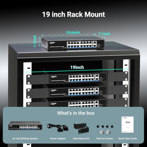 16 Port PoE Switch Unmanaged, 16-Port PoE+@250W, 2 Gigabit Uplink Ports, 1 SFP Port, NICGIGA 19 Port Network Power Over Ethernet Switch, VLAN Mode, AI Watchdog 19 Inch RackMount, Plug and Play.