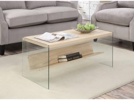 Convenience Concepts Soho Coffee Table, Weathered White/Glass | Tempered Glass Side Coffee Table