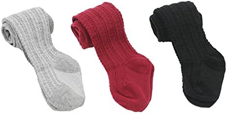 YallFairy 3 PACK Baby Kids Girls Cable Knit Tights Leggings Stocking Pants (7-8 years, black+gray+wine red)