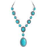 Cykdohy Vintage Oval Turquoise Y-Shaped Pendant Necklace for Women Long Western Bohemian Handmade Beaded Chain Necklaces Boho Trendy Cowgirl Retro Natural Green Gemstone Collar Bib Jewelry Gifts