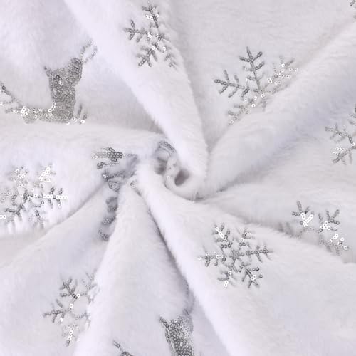 LOMOHOO Round Christmas Tree Blanket 90cm Christmas Tree Skirt with Silver Sequin Snowflake White Plush Blanket for Xmas Tree Decoration