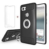 Google Pixel 2 XL Phone Case with Tempered Glass Screen Protector Ring Holder Stand Kickstand Slim Heavy Duty Full Body Silicone Protective Hard Rugged Cover for Pixel2 2XL Women Girls Men Black