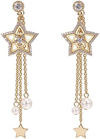 Pearl &amp; Zircon Crystal Stud Ear Wire Ear Cuff 24K Gold Plated Star Earrings Hypoallergenic