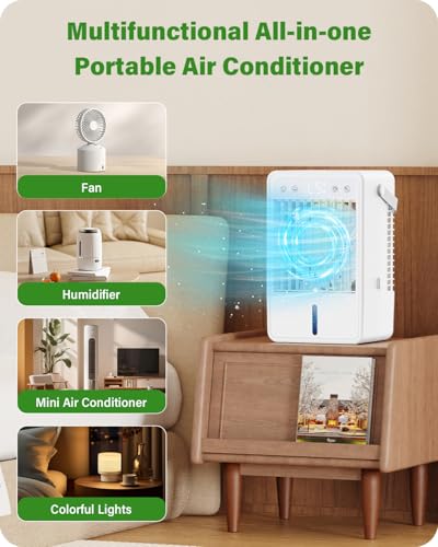 Portable Air Conditioner 1500ML, Evaporative Air Cooler with 2 Spray Modes & 4μm Fine Mist, Remote Control, Quiet Air Conditioner 5 Wind Speeds, Auto-off Timer, 7 LED Lights for Bedroom Office Travel