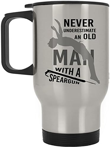 With A Speargun Travel Mug, Never Underestimate An Old Man Mug (Travel Mug - Silver)