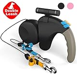 Double Retractable Dog Leash LED Flashlight 360°Tangle-Free Dual Doggie Pet Leash for Walking 2 Dogs Up to 50lbs Each,10ft Reflective Polyester Ribbon,One-Handed Brake,Pause,Lock- Black
