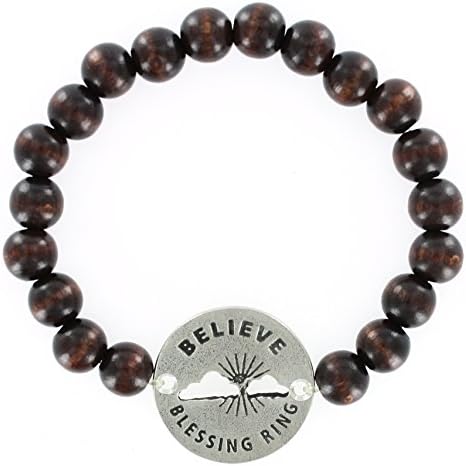 Believe Clouds Token Blessing Ring 8mm Wood Stretch Bracelet (Brown)