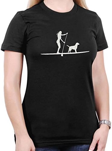 SUP Pup - Standup Paddle Woman and Dog T-shirt - Includes Matching Car Sticker (Medium, White Glitter)