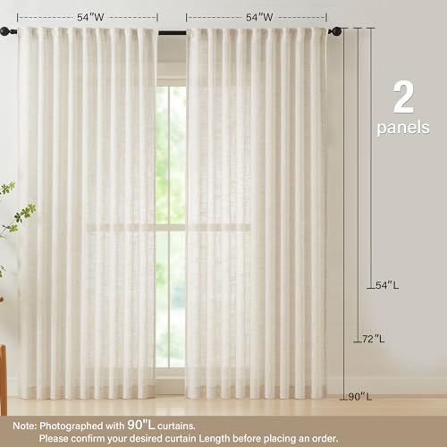 Linen Semi Sheer Curtains for Living Room 90inch Natural Farmhouse Curtain Panels for Bedroom Office Rustic Privacy Curtain Drapes for Kitchen Dining Room Pencil Pleat Beige 54"w 2 Panels