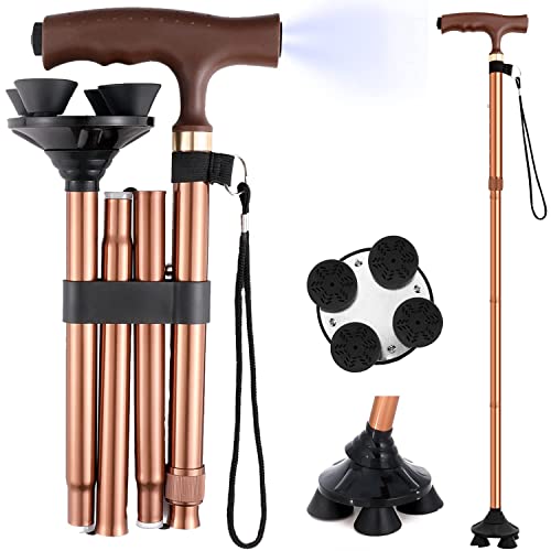 Canes for Men CLOKTA,Walking Cane for Women with LED Light,Pivoting Quad Base,Lightweight and Adjustable Foldable Cane,Quad Cane&Canes for Seniors