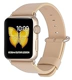 JSGJMY Apple Watch Band 42mm Leather Replacement Strap for iWatch Series 2 Series 1 Edition Sport(Beige+Golden Buckle)