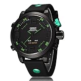 ShoppeWatch Mens LED Watch Black Silicone Band Dual Time Date Day Sport Green Hand Reloj de Hombre OH-250