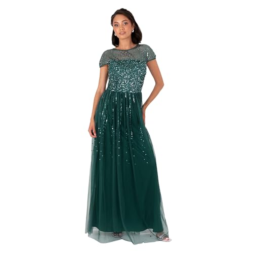 Maya Deluxe Women's Maxi Dress Ladies Round Neck Cap Sleeve Stripe Sequin Embellished Tulle A-Line Evening Occasion Prom Ball Gown, Emerald Green, 56