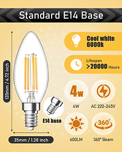 tuare E14 LED Light Bulb, 4W 400 Lumens E14 LED Light Bulb Cool White 6000K, 40W Equivalent SES Small Edison Screw Light Bulbs, CRI 80 Candle Bulb, Non Dimmable - Pack of 6