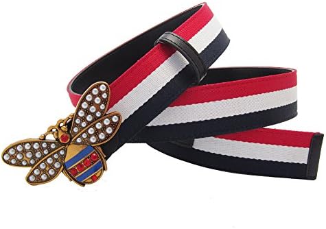 Western Contrast Color Canvas Leather Rhinestone Peal Buckle Women Belt Gift With Jeans