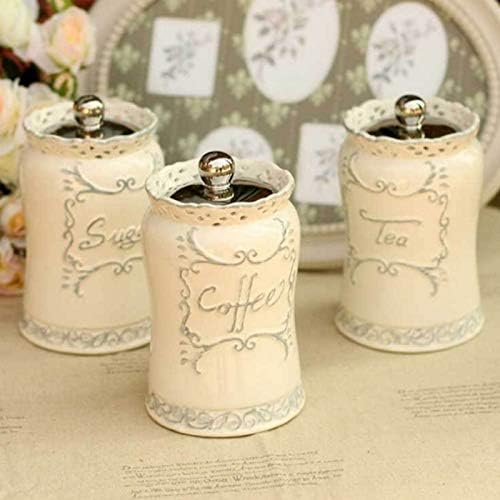 Set of 3 Elegant Kitchen Canisters Accessories Ceramic Ivory Tea Coffee Sugar Storage Containers Jars New (Silver Jars)