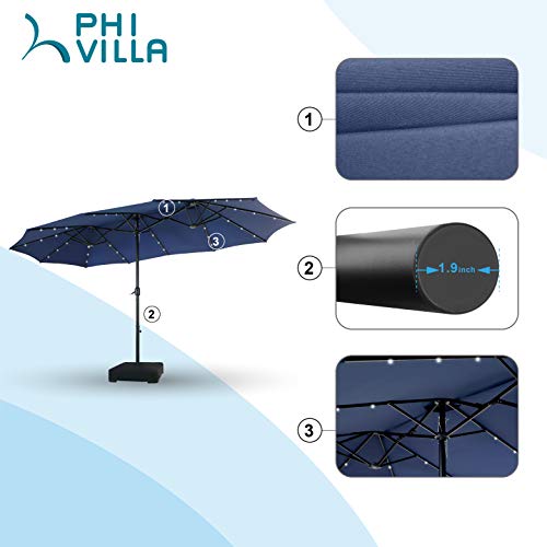 PHI VILLA 15ft Large Patio Umbrella with Solar Lights, DoubleSided