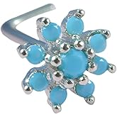 Niaspi 20G Blue Turquoise Flower Nose Studs Rings for Women Stainless Steel L-Shaped Nose Rings Studs Screws Dainty Nose Nostril Piercing Jewelry