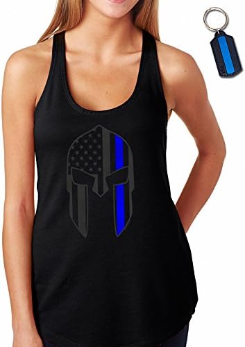 VGX TACTICAL Thin Blue Line Flag Support Police Spartan Women's Racerback Tank Top T-Shirt &amp; Keychain Gift Black (X-Large)