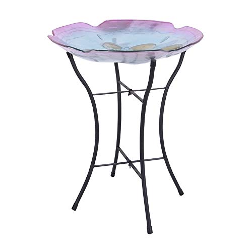 Peaktop 3211411 Garden Handpainted Floral Fusion Glass Birdbath with Metal Stand, 21.2" Height, Blue and Purple - Thumbnail 4