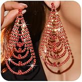 Octwine Boho Women Silver Long Rhinestone Earrings Sparkly Red Rhinestone Chandelier Dangle Drop Tassel Leaf Earrings Statement Silver Earrings Teardrop Dangle Earrings for Women