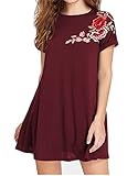Romwe Women's Short Sleeve Loose Casual Tunic Swing T-Shirt Dress Floral Patch Burgundy S