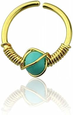20 Gauge 316L Surgical Steel Spiral Wire Nose Hoop Synthetic Turquoise Stone - Gold Plated