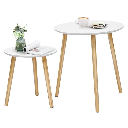 SONGMICS Round Coffee Table, Modern Minimalist Table, Set of 2 Coffee Tables with Pine Wood Legs, Scandinavian Style, for Living Room, Balcony, White and Natural LET07WN