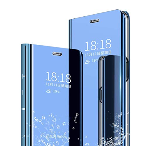 LANYOS Compatible Samsung Galaxy S10 Plus Flip Caseï¼ŒFull Body Protection Translucent Electroplate Plating S-View Mirror Cover Built in Kickstand (Blue)