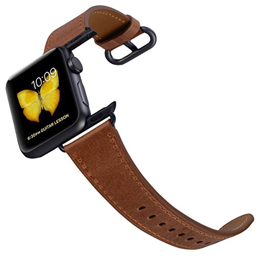 Compatible Iwatch Band 38mm 40mm - PEAK ZHANG Women Genuine Leather Replacement Strap with Space Grey Adapter and Buckle Compatible Series 4 (40mm) Series 3/2 /1 (38mm) Sport Edition, Caramel