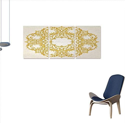 Anniutwo Victorian Art-Canvas Prints Traditional Floral Round Circle Baroque Elements Turkish Ottoman Style Art Modern Wall Art Living Room Decoration 16"x24"x3pcs Cream Yellow