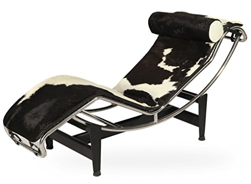 MLFÂ® Le Corbusier Style LC4 Chaise Lounge Chair, Top Grain Authentic Black&White Cowhide Fur
